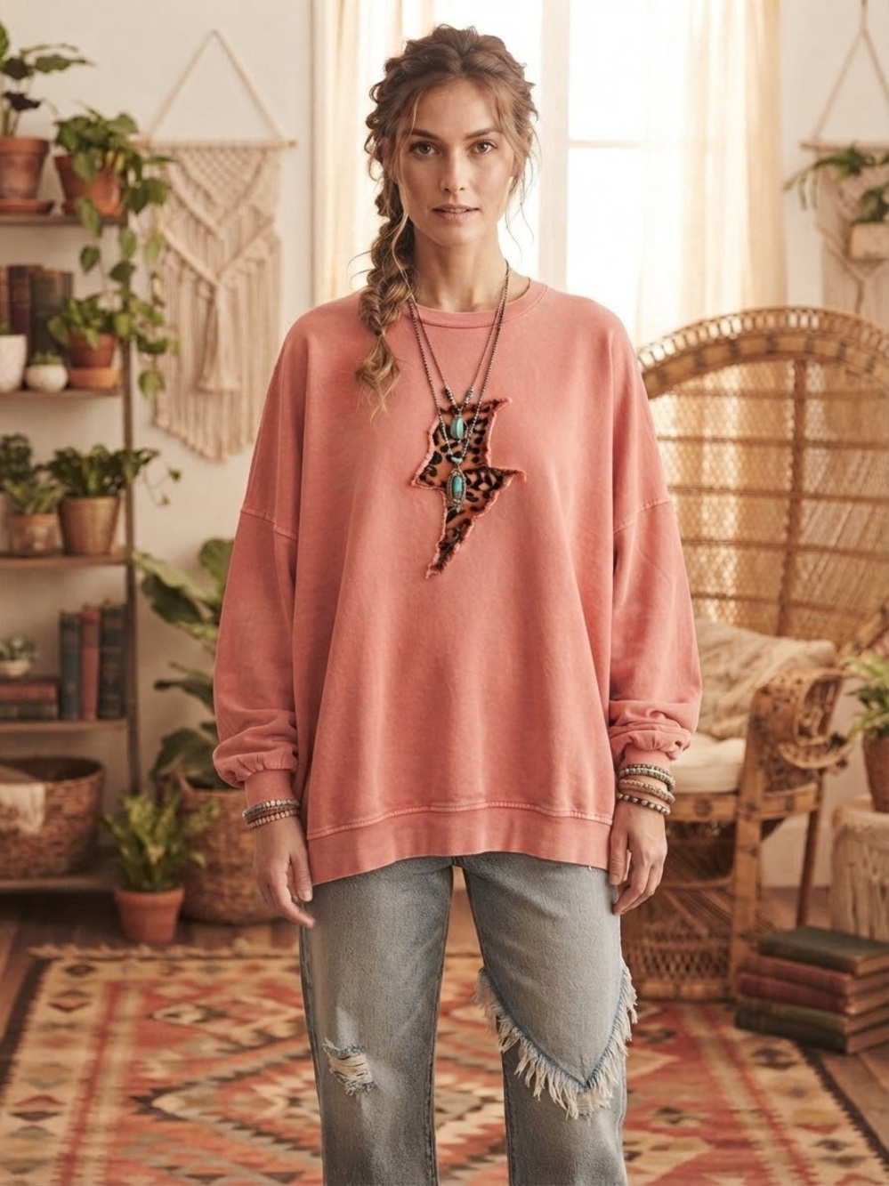 Easel Los Angeles Mineral Wash salmon Leopard Lightning Oversized Sweatshirt- M